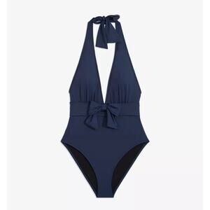 We Wore What Women Navy Blue Brooklyn Bow Halter One Piece Swimsuit Size L